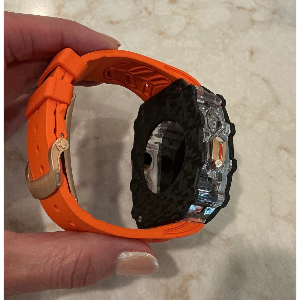 Carbon Fiber Apple Watch Case 44/45/46/49mm Orange Band Double Vision - Picture 5 of 12